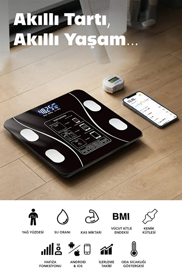 BodyConnect Akıllı Bluetooth Baskül – Vücut Yağ, Kas, Su ve BMI Ölçer Dijital Tartı