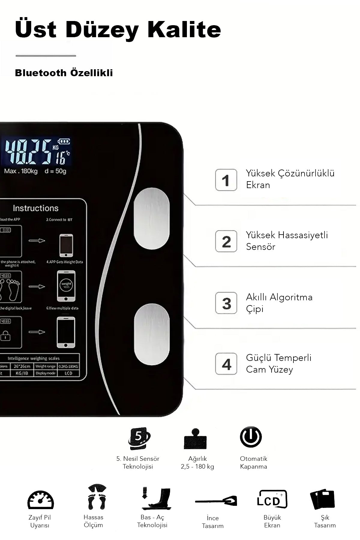 BodyConnect Akıllı Bluetooth Baskül – Vücut Yağ, Kas, Su ve BMI Ölçer Dijital Tartı