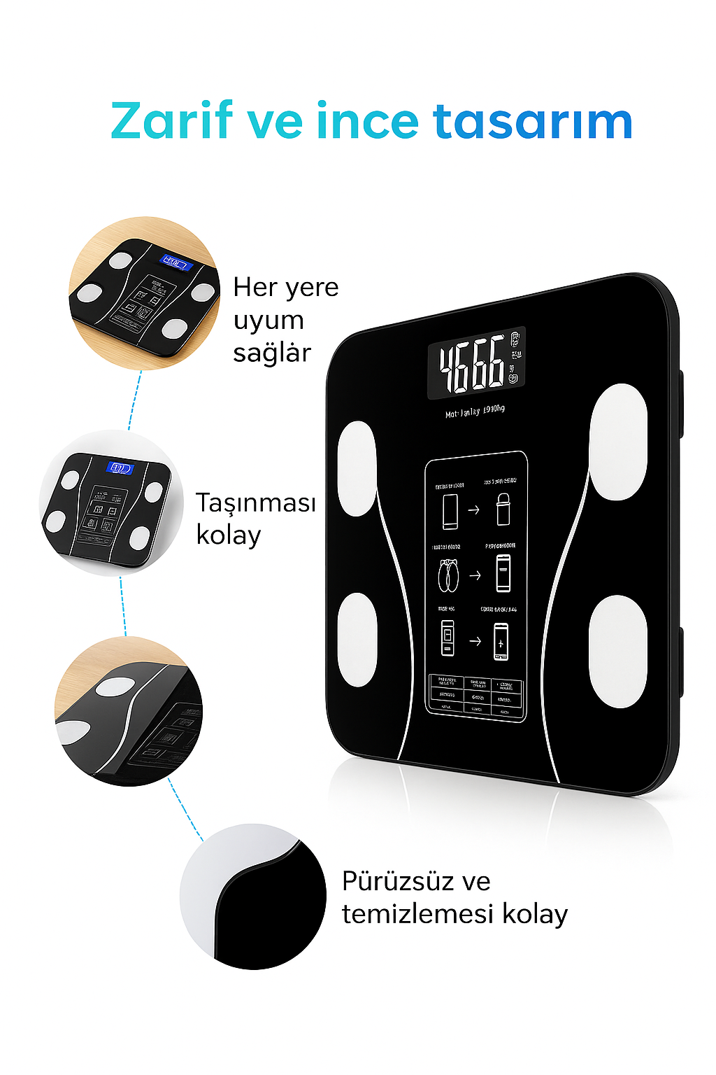 BodyConnect Akıllı Bluetooth Baskül – Vücut Yağ, Kas, Su ve BMI Ölçer Dijital Tartı
