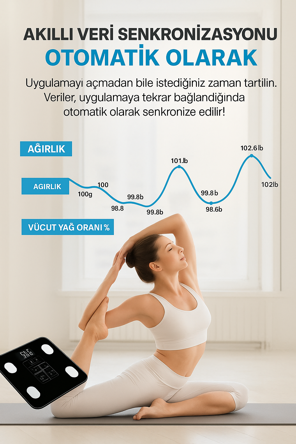 BodyConnect Akıllı Bluetooth Baskül – Vücut Yağ, Kas, Su ve BMI Ölçer Dijital Tartı