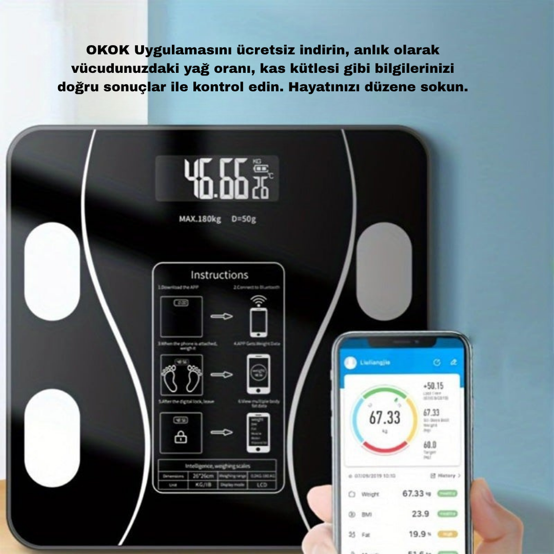 BodyConnect Akıllı Bluetooth Baskül – Vücut Yağ, Kas, Su ve BMI Ölçer Dijital Tartı